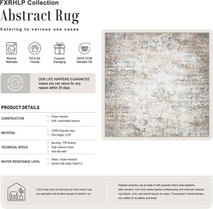 Area Rug Living Room: 8x8 Modern Washable Indoor Soft Carpet Brown | For Bedroom Dining Room Farmhouse Nursery Hallway Office,Modern Abstract,Machine washable,Non-Slip,Stain Resistant,Indoor