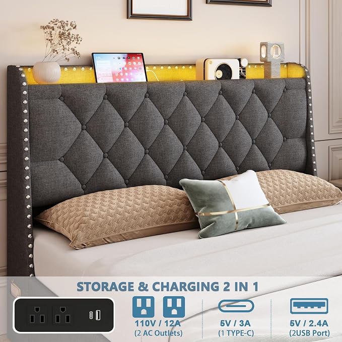 Full Size Bed Frame with 4 Drawers and Storage Headboard, Upholstered Button Linen Platform Full Bed with Led Lights and Handy Charging Station, No Box Spring Needed, Easy Assembly, Noise Free, Gray