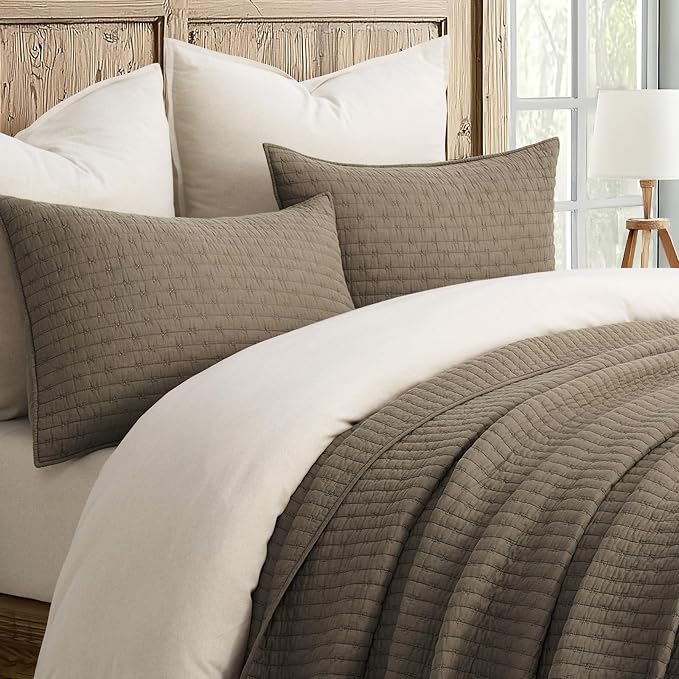 Cross Stitch Pre-Washed Cotton Quilt Bedding Set Queen Size, Oversized 3 Pieces Lightweight Bedspread Coverlet for All Season, with 2 Matching Shams, Mocha Brown Updated, 92"x96"