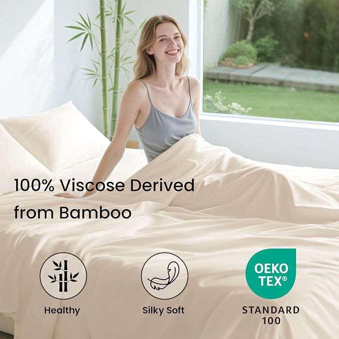 Love's cabin 3 Piece Twin XL Sheet Set, 100% Rayon Derived from Bamboo, Cooling & Breathable, Soft Silky Deep Pocket up to 16", Hotel Luxury Bedding for Hot Sleepers, Beige