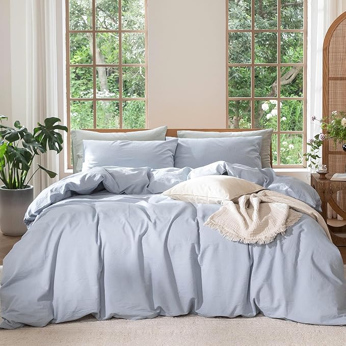 MooMee Duvet Cover Set 100% Washed Cotton Linen Like Super King | Relaxed Linen-like Texture. Soft, Breathable & Long-lasting Comfort. Lightweight. Hidden Zipper with 8 Interior Corner Ties