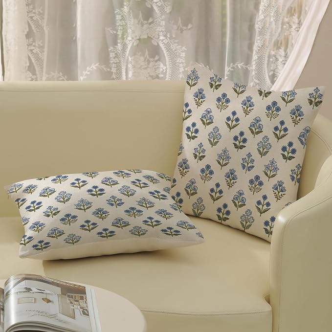 Blue Green Pillow Covers 20x20 Inch 2 Pcs Block Print Vintage Floral Decor Throw Pillows Boho Flower Spring Summer Outdoor Seasonal Decoration Pillowcase Linen Cushion Cover for Couch Sofa