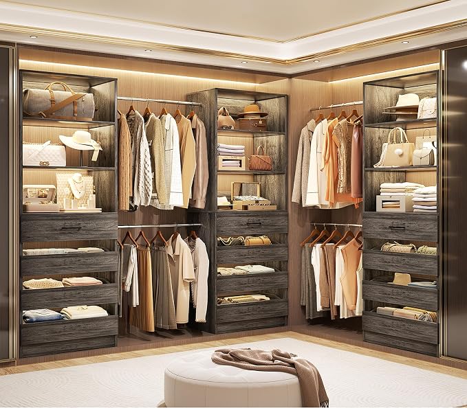 Aheaplus Closet System with 12 Drawers, 8.5-11.5Ft Wood Closet Organizer | Black Oak Closet Storage with 4 Hanging Rods & 3 Towers, 4Ft & 6Ft L-Shaped Walk-in Closets Wardrobe Organizer, Set of 3