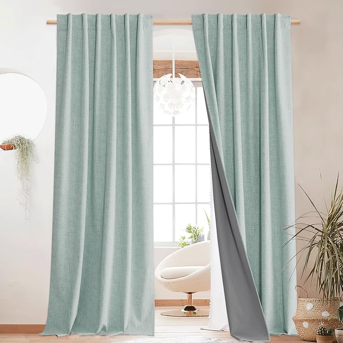 NICETOWN 100% Blackout Linen Curtains 108" Length 2 Panels, Seafoam Green | Thermal Insulated Long Drapes Noise Reducing, Privacy Protection Window Draperies for Night Shift Workers, W52" x L108"