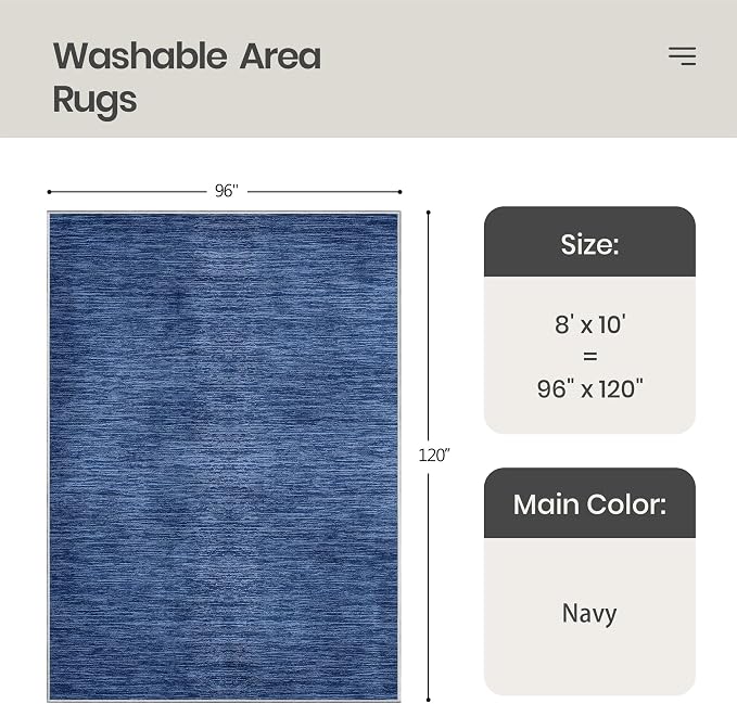 8x10 Area Rugs for Living Room, Large Washable Rug Non Slip Navy | Soft Low Pile, Thin & Lighweight Carpet, Folable Stain Resistant Modern Indoor Floor Mat for Bedroom, Dining Room, Home Decor