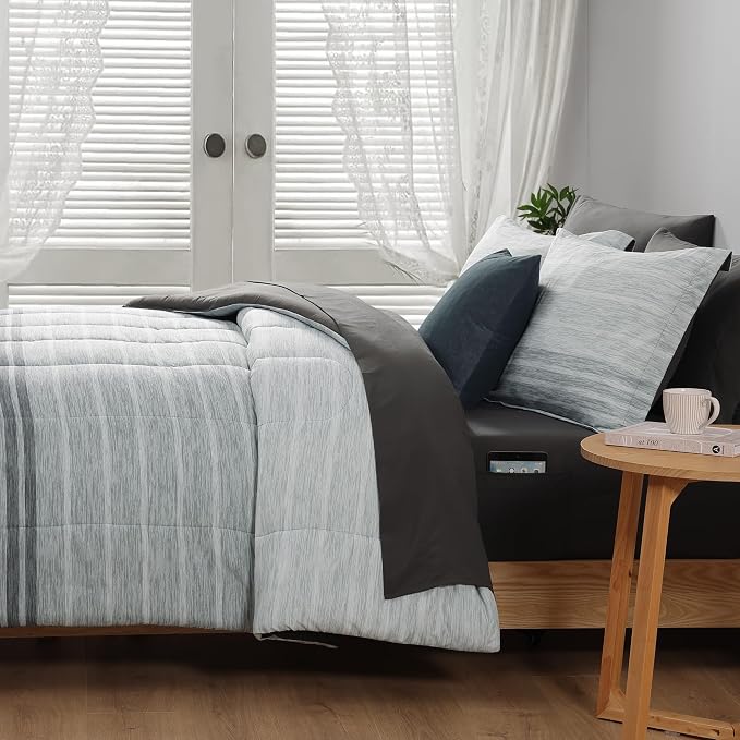 Monbix King Size Comforter Set, 7 Pieces Soft Bed in a Bag King Bedding Set | All Season Grey Striped Reversible Lightweight Comforter with Sheets, Pillowcases & Shams