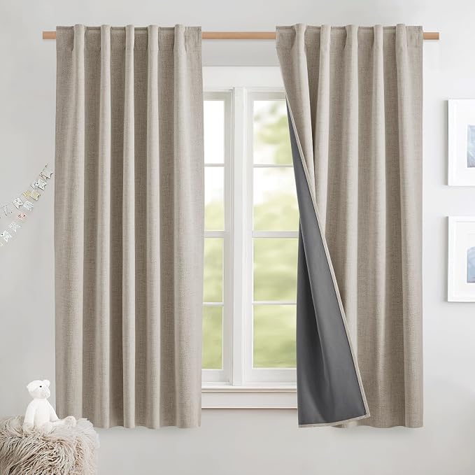 NICETOWN 100% Blackout Curtains for Kitchen 63" L Set of 2, Natural | Thermal Insulated, Flax Textured, Privacy Protection Window Draperies for Kids Room, Rod Pocket & Back Tab, W42" x L63" Each