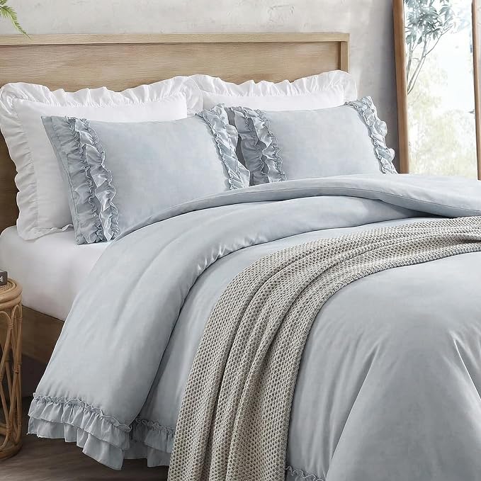 Bedrom Ruffled Queen Duvet Cover Set Blue Grey Bedding Set Shabby Chic Light Gray Boho Bedding Super Soft Lightweight Farmhouse Ruffle Duvet Cover Set for All Season