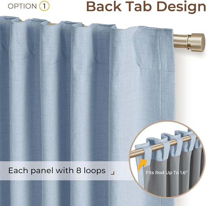 INOVADAY 100% Blackout Linen Curtains for Bedroom 50x96 Chambray Blue | Linen Textured, Light Blocking, Room Darkening, Thermal Insulated, Back Tab Top, Window Curtains for Living Room, 2 Panels