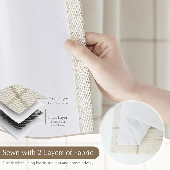 DriftAway 100% Blackout Plaid Linen Curtains 90 Inches Long 2 Panels Taupe | 100% Blackout, Linen Texture, Plaid Pattern, Two Layers, Rod Pocket & Back Tab, Bedroom Living Room Use, Luxury Appearance