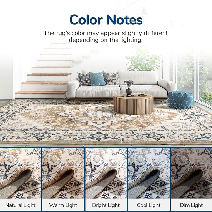 Large Area Rugs 10x14 for Living Room,Washable Rug Boho Brown Beige | Faux Wool Low Pile Area Rug for Bedroom, Floral Medallion Vintage Carpet Non-Slip, Kid & Pet Friendly, All Vacuums Compatible
