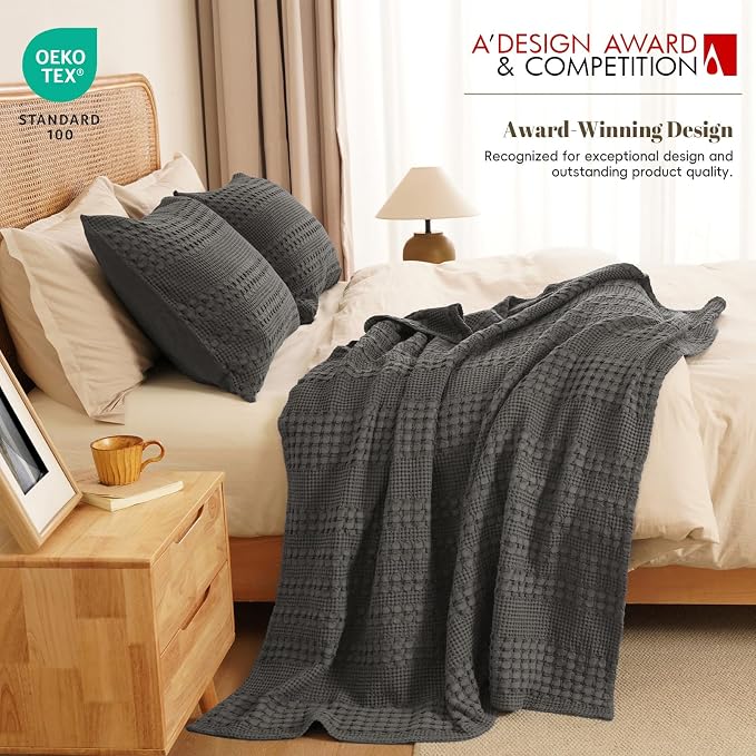 PHF Lightweight 100% Cotton Waffle Throw Blanket for Couch, Charcoal Grey | Pre-Washed Soft Cotton Comfort, Breathable Layering Warmth for Fall & Winter, Office, Travel, Sofa, Home Decor & Gifts