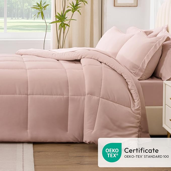 Love's cabin Full Comforter Set Blush Pink, 7 Pieces Full Bed in a Bag, All Season Bedding Sets with 1 Comforter, 1 Flat Sheet, 1 Fitted Sheet, 2 Pillowcase and 2 Pillow Sham