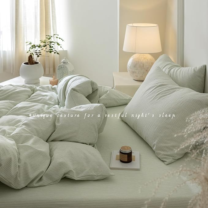 BDEAR 3Pcs Light Green Pinstriped Duvet Cover Set King Size 104''Wx90''L | Light Weight Design, 1 Duvet Cover with 2 Pillowcases, Zipper Closure, OEKO TEX Standard,8 Corner Ties, Skin Friendly