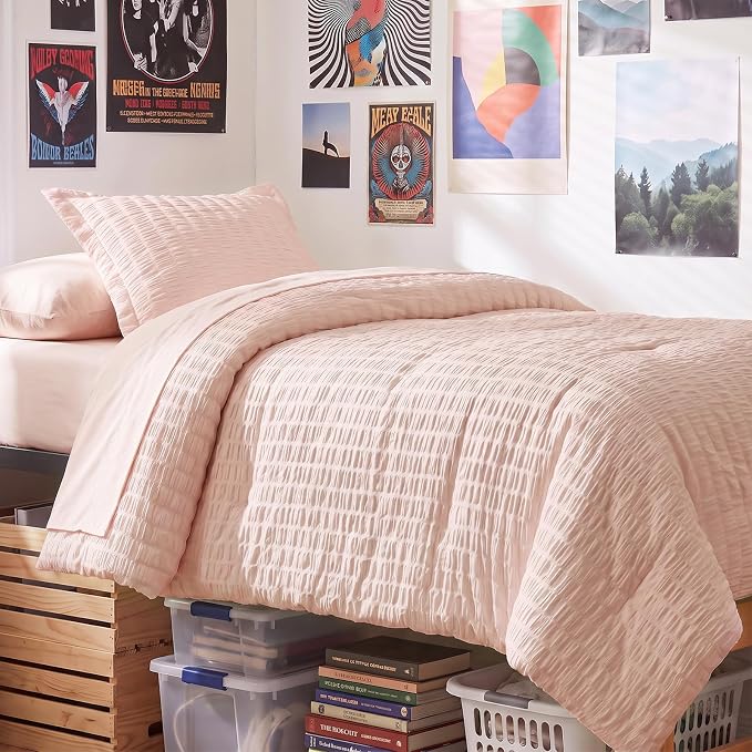 Twin XL Comforter Set, 5 Pieces Blush Pink Seersucker Bed in a Bag | OEKO-TEX Certified, College Dorm Twin Extra Long, 240 GSM Down Alternative Comforter, Flat & Fitted Sheets, Pillowcase & Sham
