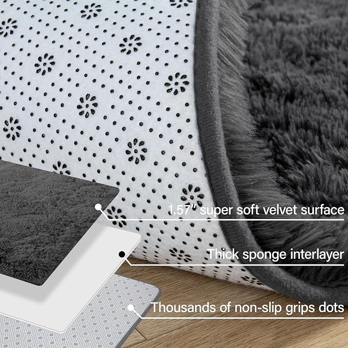 Soft Modern Indoor Large Shaggy Rug for Livingroom Bedroom Dorm Kids Room Home Decor, Non-Slip Plush Fluffy Furry Fur Area Rugs Comfy Nursery Accent Floor Carpet 9x12 Feet, Dark Grey