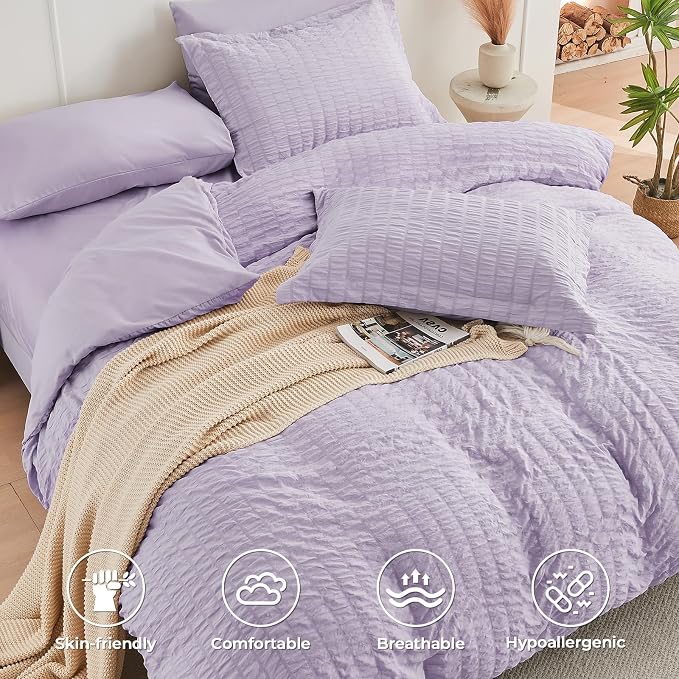 HYMOKEGE Lavender Full Size Comforter Sets Seersucker 7 Pieces, All Season Luxury Bed in a Bag for Bedroom, Bedding Set with Comforters, Sheets, Pillowcases & Shams