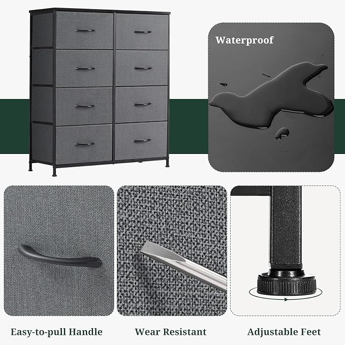 8-Drawer Dresser for Bedroom, Anti-Tip Tall Storage Organizer | Chest of Drawers with Wooden Top and Metal Frame Fabric Bins for Closet, Living Room, Hallway, Entryway, Gray