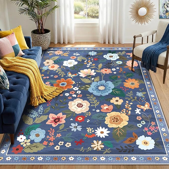 RELEANY Floral Washable 5x8 Area Rugs Blue/Grey | Flower Carpet, Print, Boho, Non-Slip, Easy to Clean, Soft, Low Pile for Living Room Bedroom Kitchen Office Entryway Hallway