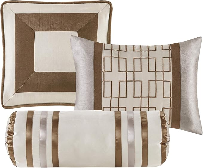 Madison Park Deluxe Hotel Style Comforter Set, 7PC King Bedding Set | All Season Down Alternative Luxury Bedding with Comforter, Shams, Bed Skirt, Decorative Pillows, Taupe/Brown