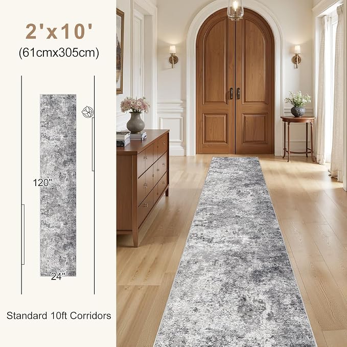 UERMEI 2x10 Washable Runner Rug for Hallway, Non Slip Low Pile Kitchen Carpet, Neutral Modern Abstract Indoor Floor Mat for Entryway Laundry, Kid & Pet Safe High Traffic Area, Grey