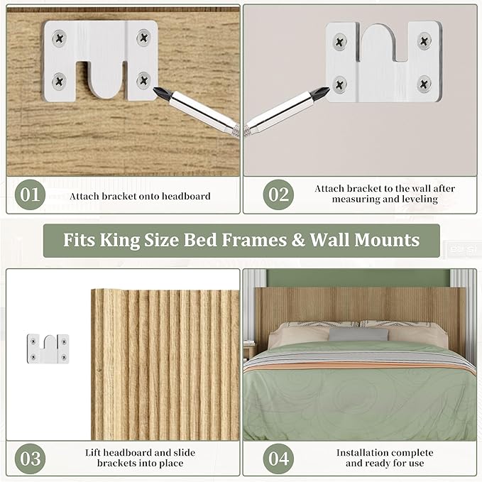 King Size Headboard Only, Modern Fluted Wall-Mounted Head Board with Lighting, Boho Wood Bed headboard Stylish Bedroom Decor, Natural