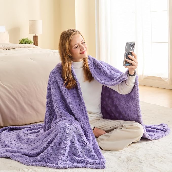 NEWCOSPLAY 3D Waffle Checkered Flannel Twin Blanket, Lavender, 60"x80" | Super Soft Cute Lightweight Decorative Premium Silky Fleece Blanket for Couch Sofa Bed, Gift for Women Men, All Season Use