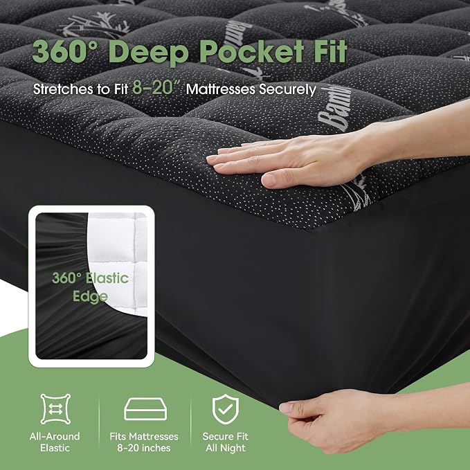 Mattress Pad King Size, Cooling Pillow Top Mattress Topper, Ultra Soft Viscose from Bamboo, Breathable for Hot Sleepers, Deep Pocket 8"-20", Black