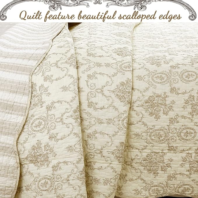 Cozy Line Home Fashions French Medallion 100% Cotton Bedding Quilt Set, Beige Ivory Rose Flower Reversible Coverlet Bedspread (Cream Eggnog, King - 3 piece)