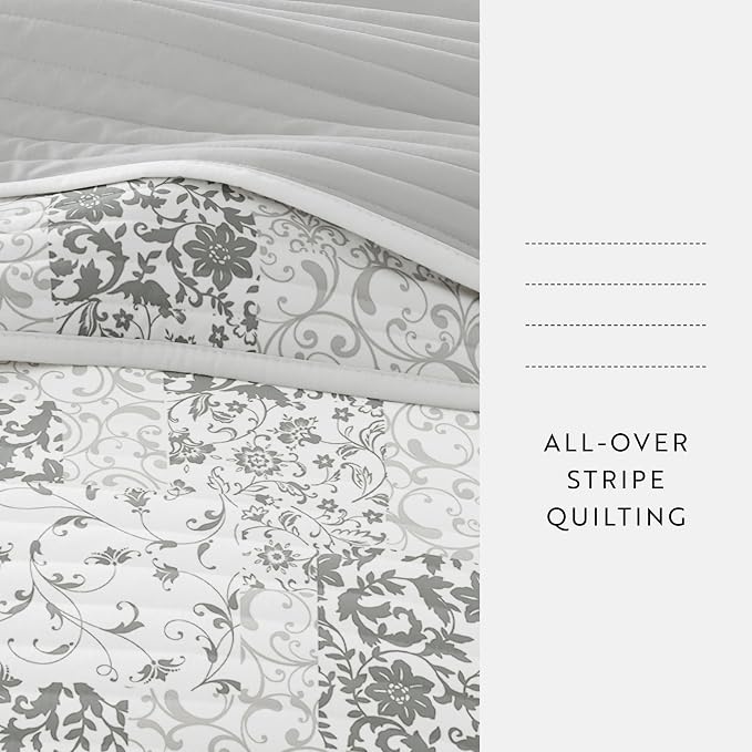 Merit Linens Soft Quilt Coverlet Bedding Set - Pattern/Solid Reversible - Twin/TwinXL Light Gray