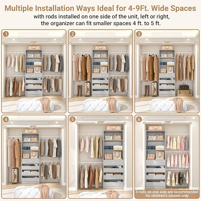 Aheaplus Closet System, 4-9Ft Closet Organizer with 4 Wooden Drawers, Grey | Wood Closet Organizer System with Tower, Walk-in Closet Organizer Wardrobe Clothes Rack with 4 Hanging Rods, Garment Rack