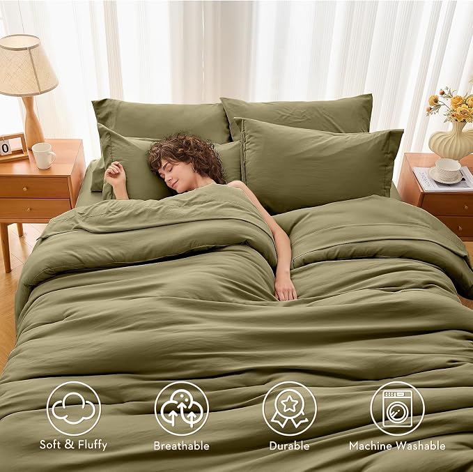 7 Pieces Queen Comforter Set, Soft Bed in a Bag Queen Size, All Season Bedding Set with Comforter, Flat Sheet, Fitted Sheet, Pillowcases & Shams, Olive Green