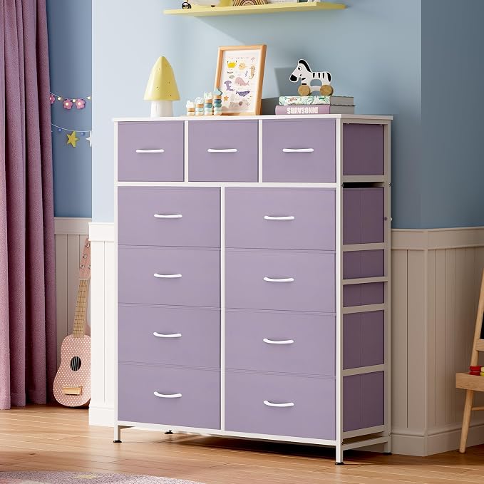 WLIVE Tall Dresser for Bedroom, 11 Drawer Chest of Drawers, Purple | 11 fabric storage drawers, Tall high-capacity design, Bedroom or dorm use, Sturdy steel frame, Smooth wood tabletop