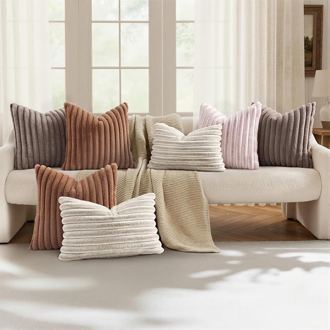 decorUhome Fall Faux Fur Throw Pillow Covers 26x26 Set of 2 Light Coffee | Decorative Soft Cozy Striped Plush Modern Farmhouse Boho Couch Pillow Cases Velvet Back for Sofa Bed Living Room Home Decor