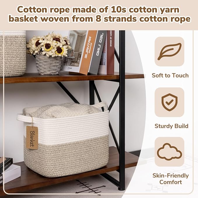 Goodpick Woven Storage Basket, Cotton Rope Basket for Dog Toys, Books, Stylish Gift Basket with Handles, 13 x 10 x 9 Inches Square Baskets for Organizing, Brown and White (Pack of 3)