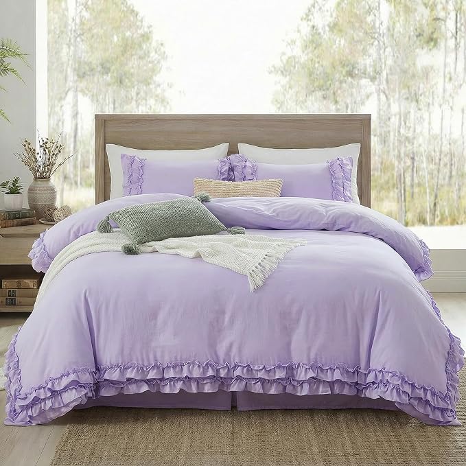 Bedrom Ruffled Duvet Cover Queen Light Purple Bedding Set Shabby Chic Lace Ruffle Bedroom Set Lilac Purple Aesthetic Boho Duvet Cover Set for Girls Women