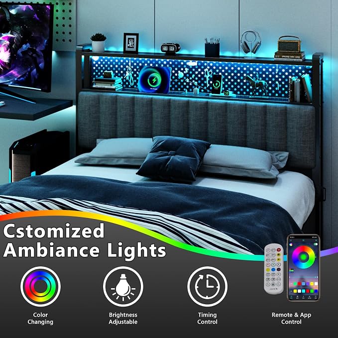 VINGLI Queen Size Headboard Only, Adjustable Upholstered Headboard with 2 Tier Shelves and Pegboard with Charging Stations and LED Lights, Modern Bed Headboard with Storage for Bedroom Decor