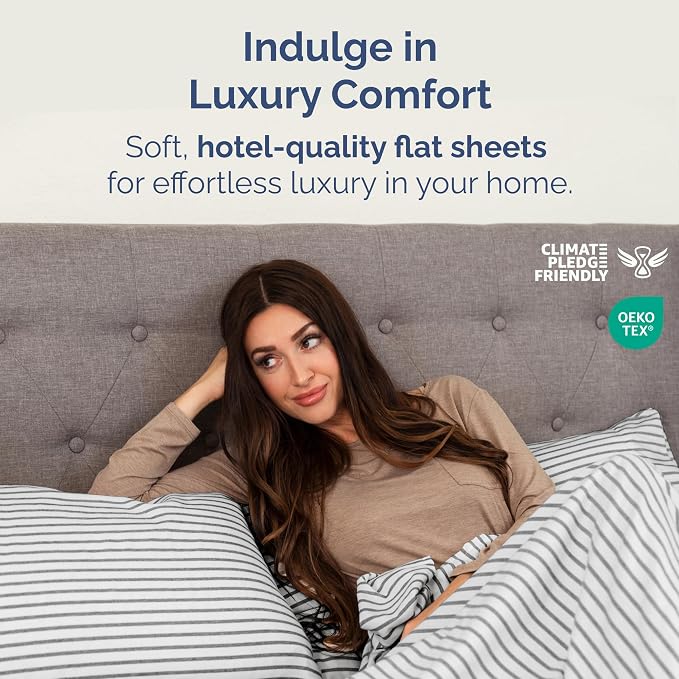 Queen Flat Sheet - Single Top Flat Sheet Only - Cooling - Grey Stripes | Hotel Luxury Top Flat Sheet Only, Ultra-Soft, Breathable & Cooling, Fade & Wrinkle Free, Easy-Care, Stain & Shrink Resistant