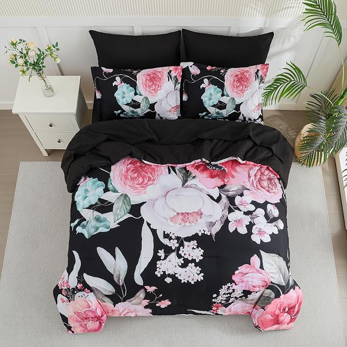 Yogeneg King Size Comforter Set 7 Piece Bed in a Bag,Pink Floral Botanical Pattern Black Bedding Set,Soft Microfiber Comforter with Sheet Set,All Season Bed Set(Pink,King)