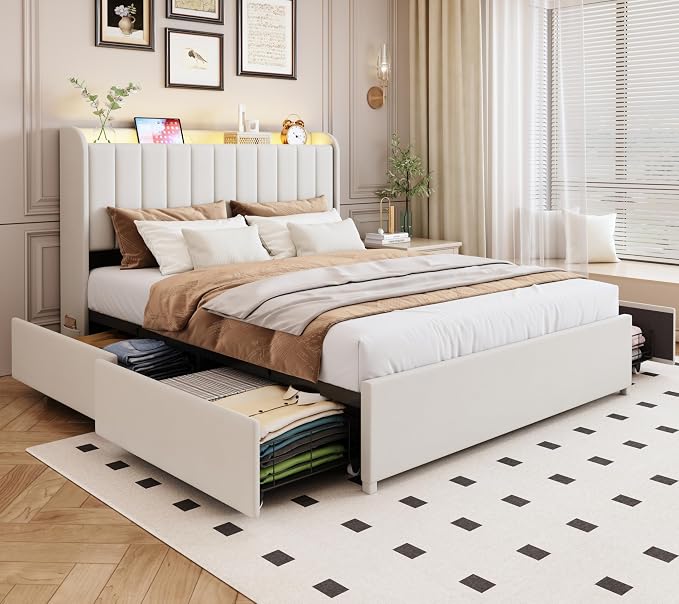 Queen Bed Frame with 4 Drawers and Storage Headboard, Upholstered Platform Bed Frame Queen Size with Led Lights and Handy Charging Station, No Box Spring Needed, Easy Assembly, Noise Free, Beige