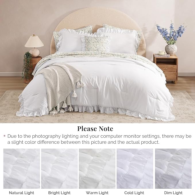 Full Size Comforter Sets-7 Pieces Ruffle Bedding Floral Sheet | White Bed in a Bag, Soft Lightweight All Season Farmhouse Full Size Bedding Sets with Floral Sheets, Pillowcases & Shams