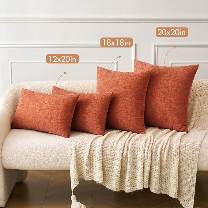 MIULEE Soft Chenille Fall Lumbar Throw Pillow Covers Burnt Orange 12x20 | Pack of 2, Modern Fall Decor, Classic Decorative Pillows, Solid Dyed Cases, Couch Cushion Covers for Sofa Bed Living Room