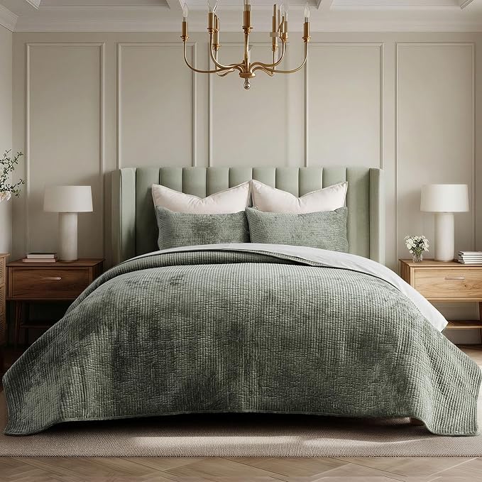 EverGrace Striped Channel Velvet Quilt Set, King Size, Dried Thyme Green | Luxurious Soft Lightweight Velvet Comforter, Oversized Bedspread Coverlet, Quilted Bedding Set for All Season, with 2 Shams