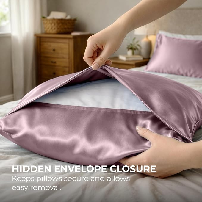 Pure Bedding Satin Pillowcase 2 Pack - King Size (20"x40", Champagne Pink) - Silky Pillow Cases for Hair and Skin - Satin Pillow Covers with Envelope Closure - Extra Soft Premium Microfiber