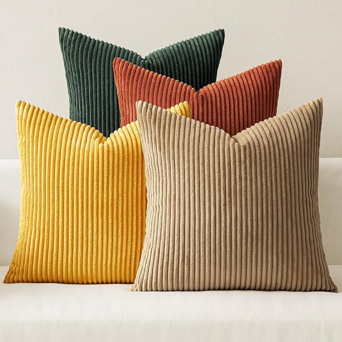 MIULEE Fall Corduroy Decorative Throw Pillow Covers Green-Rust 18x18 | Set of 4, Vintage Retro Fall Decor, Earthy Yellow Tones, Vibrant Cushion Covers for Sofa Couch Bed Living Room