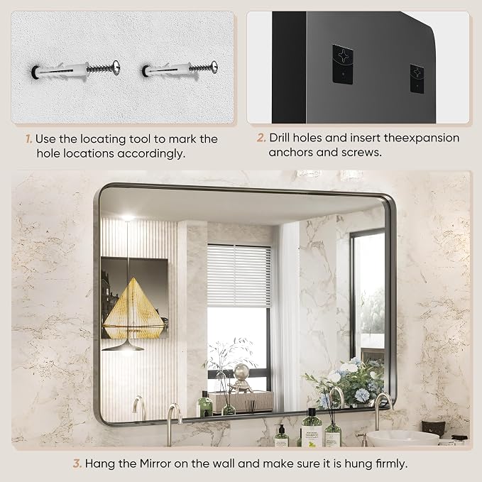 NEWBULIG Bathroom Mirror for Over Sink, 30X40 Inch Wall Vanity Mirror | Wall Mount, Tempered Glass, Anti-Rust Metal Framed, Rounded Rectangle, Farmhouse Home Decor, Black
