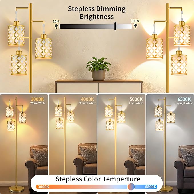 72" Dimmable Floor Lamp with Remote & Timer, Modern Light Luxury Standing Lamp for Living Room Bedroom, 3 Individually Controlled Heads, 2 Height Options, 3x 1100LM LED Bulbs Included -Gold