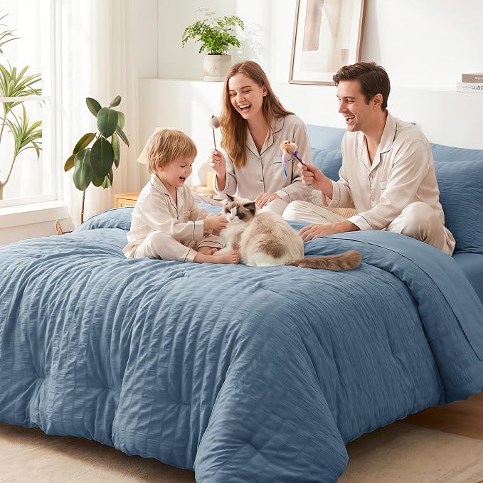 California King Comforter Set, Grayish Blue Seersucker Bed in a Bag | OEKO-TEX Certified, 7 Pieces Bedding Sets with 240 GSM Down Alternative Comforter, Flat & Fitted Sheets, Pillowcases & Shams