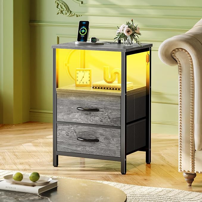 Huuger Night Stand with Charger Station and LED Lights, 2 Drawer Nightstand | Bed Side Table with Open ShelfEnd TableFabric Drawers for Bedroom, Grey