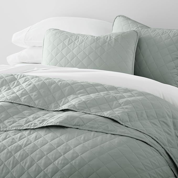 Merit Linens Modern Quilt Coverlet Soft Set in Diamond Stitching - King/Cal-King Eucalyptus